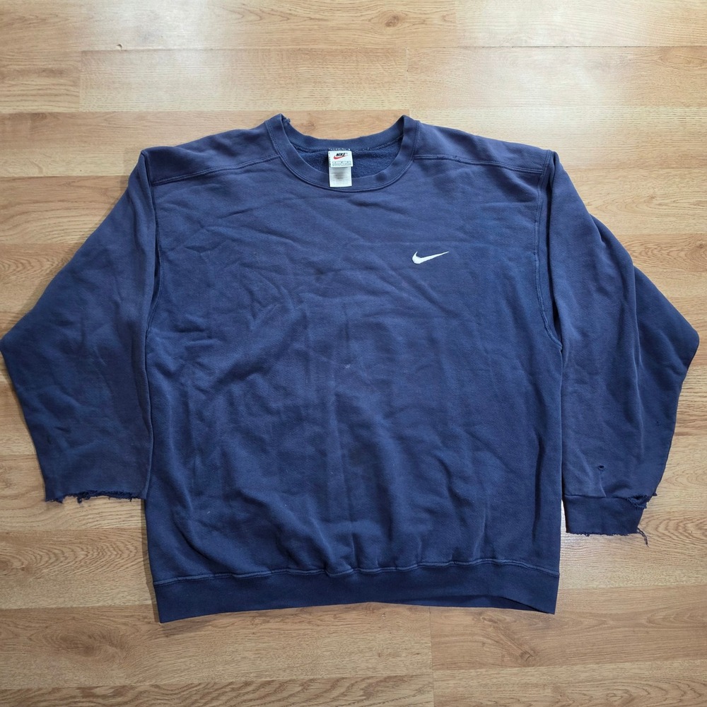 Vintage 90s Nike Mini Swoosh Crewneck Sweatshirt L Navy Distressed Thrashed